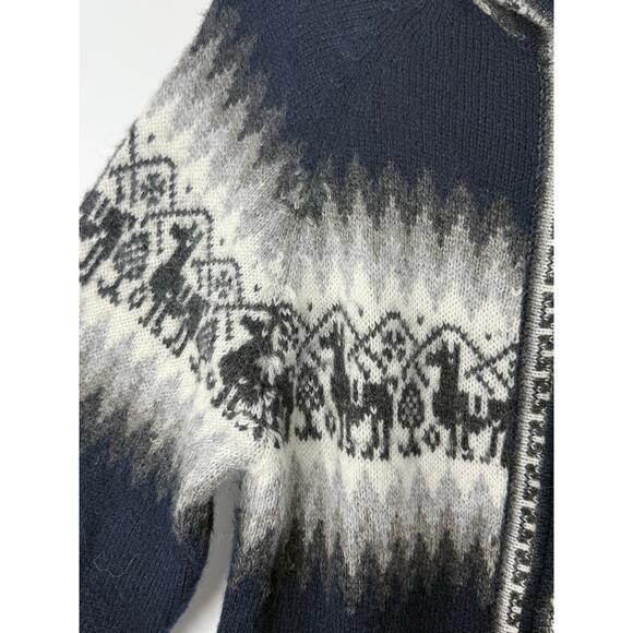 Alpaca Connection Hooded Zip Cardigan Sweater Fair isle Navy Gray Women M - Picture 4 of 8